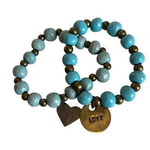 Inspirational Copper Love Stamped And Heart Blue Glass Beaded Charm Bracelets
